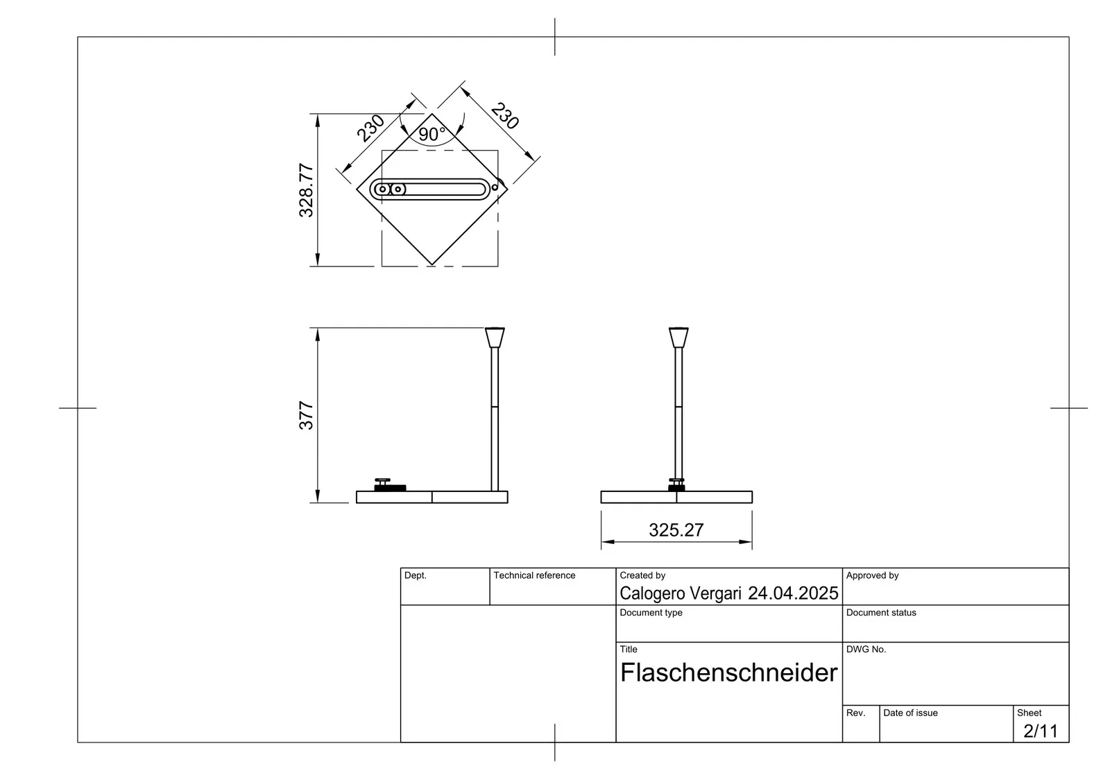 Bemasste Konstruktionszeichnung des Flaschenschneiders