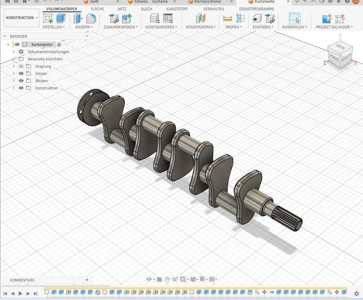 Kurbelwelle des V8-Motors in Fusion mit Bauteilbaum und Konstruktionshistorie