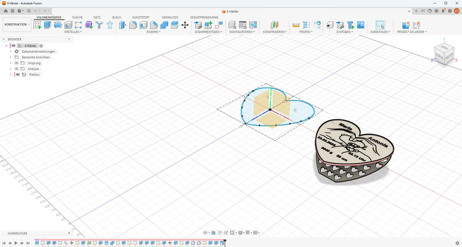 Autodesk Fusion mit Bauteilbaum, Skizze einer Herzform und fertiger Tafel