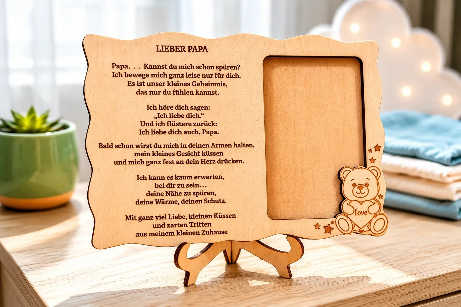 Gelaserter Holzaufsteller „Lieber Papa“ mit Gedicht, Bildfeld und Teddy