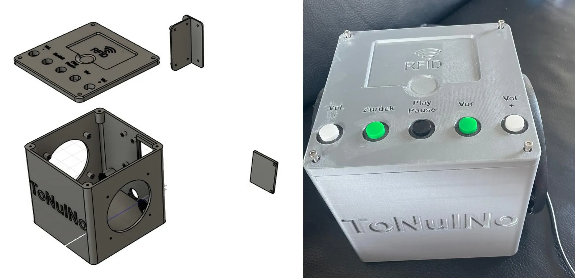 Musikbox Tonuino: links Explosionsdarstellung, rechts das gedruckte Gerät