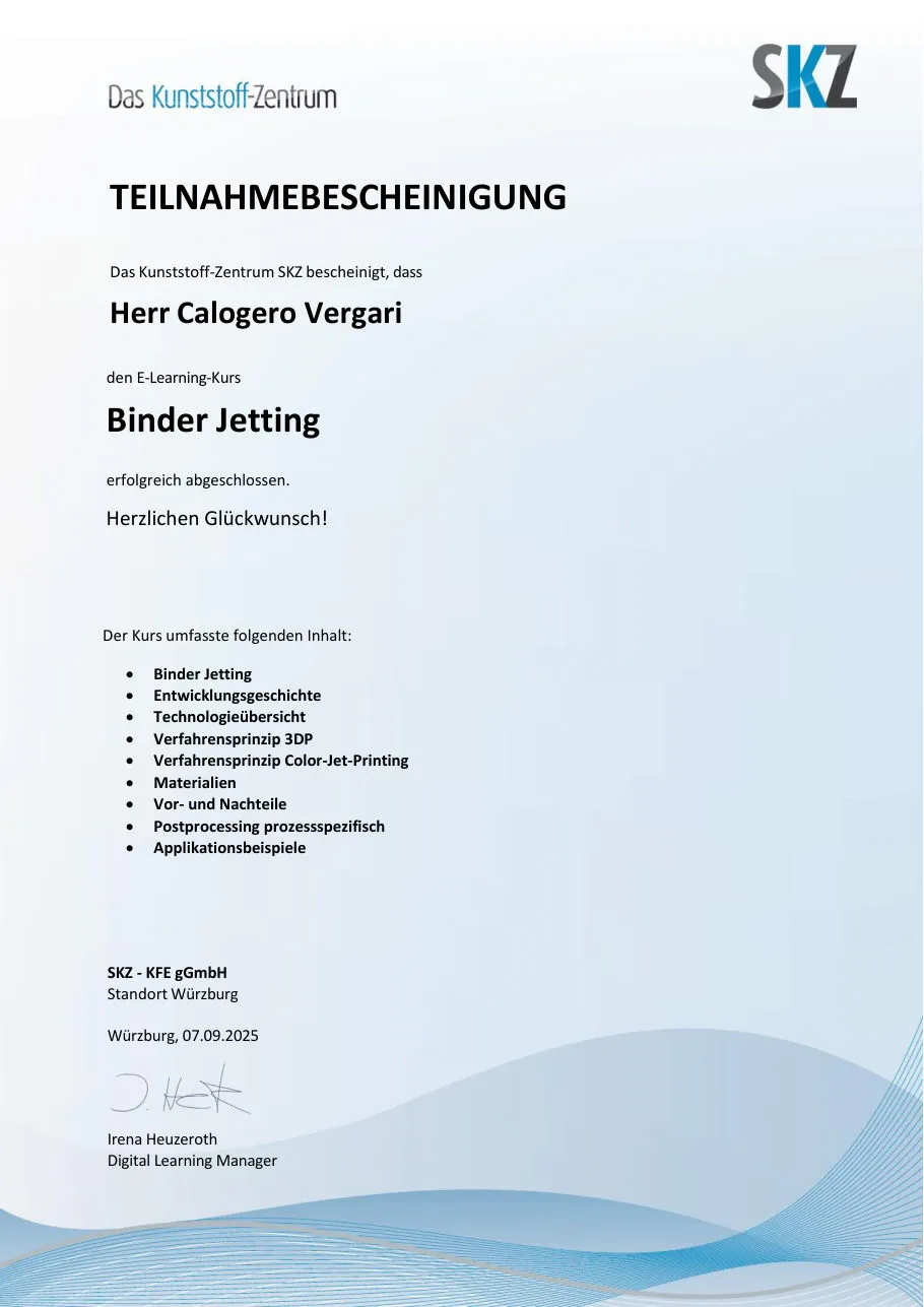Teilnahmebescheinigung des SKZ für den Kurs Binder Jetting