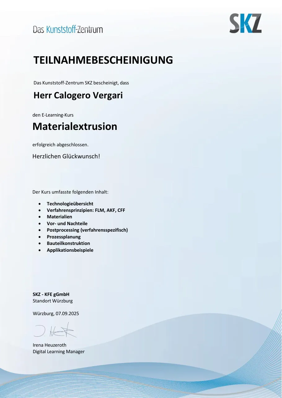 Teilnahmebescheinigung des SKZ für den Kurs Materialextrusion