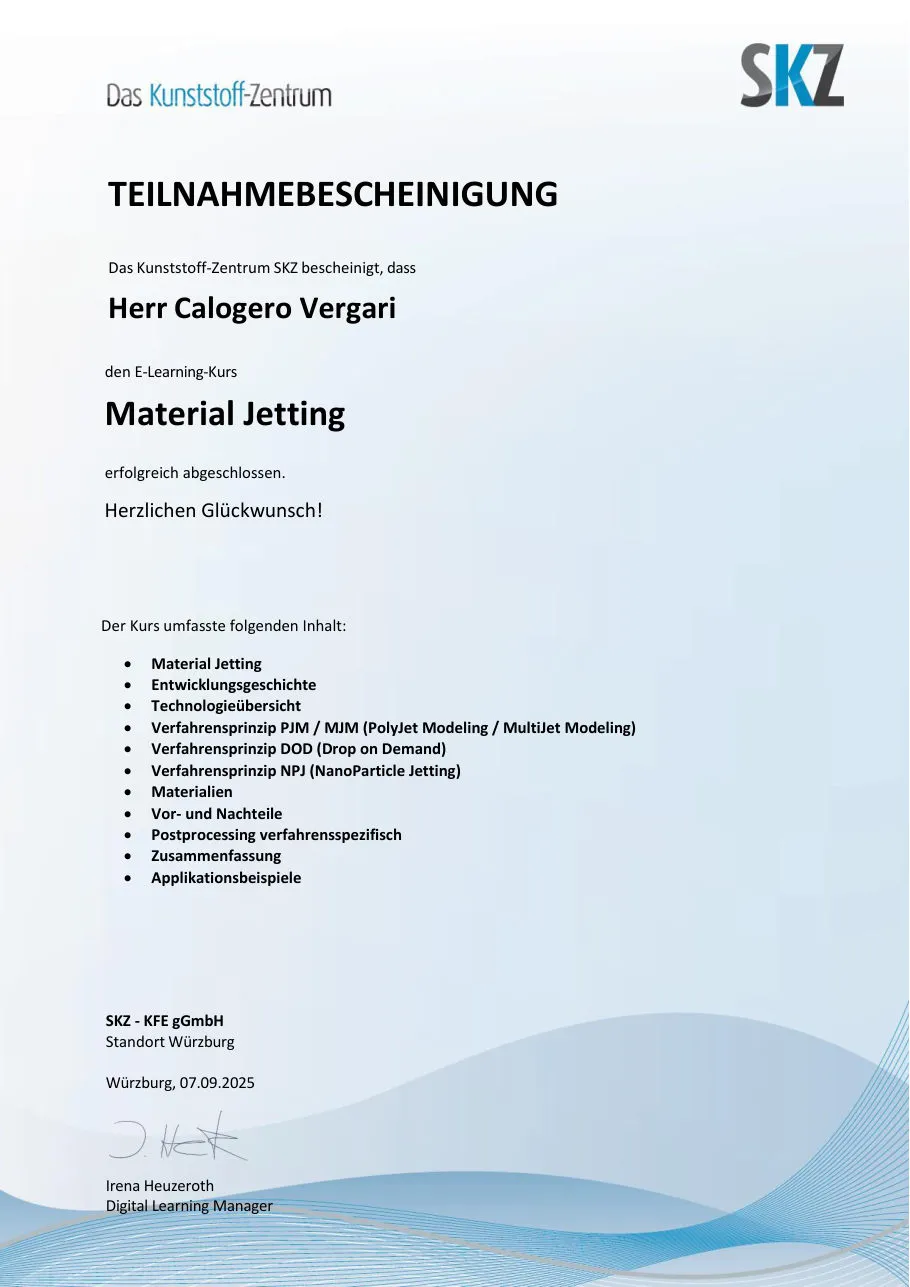 Teilnahmebescheinigung des SKZ für den Kurs Material Jetting