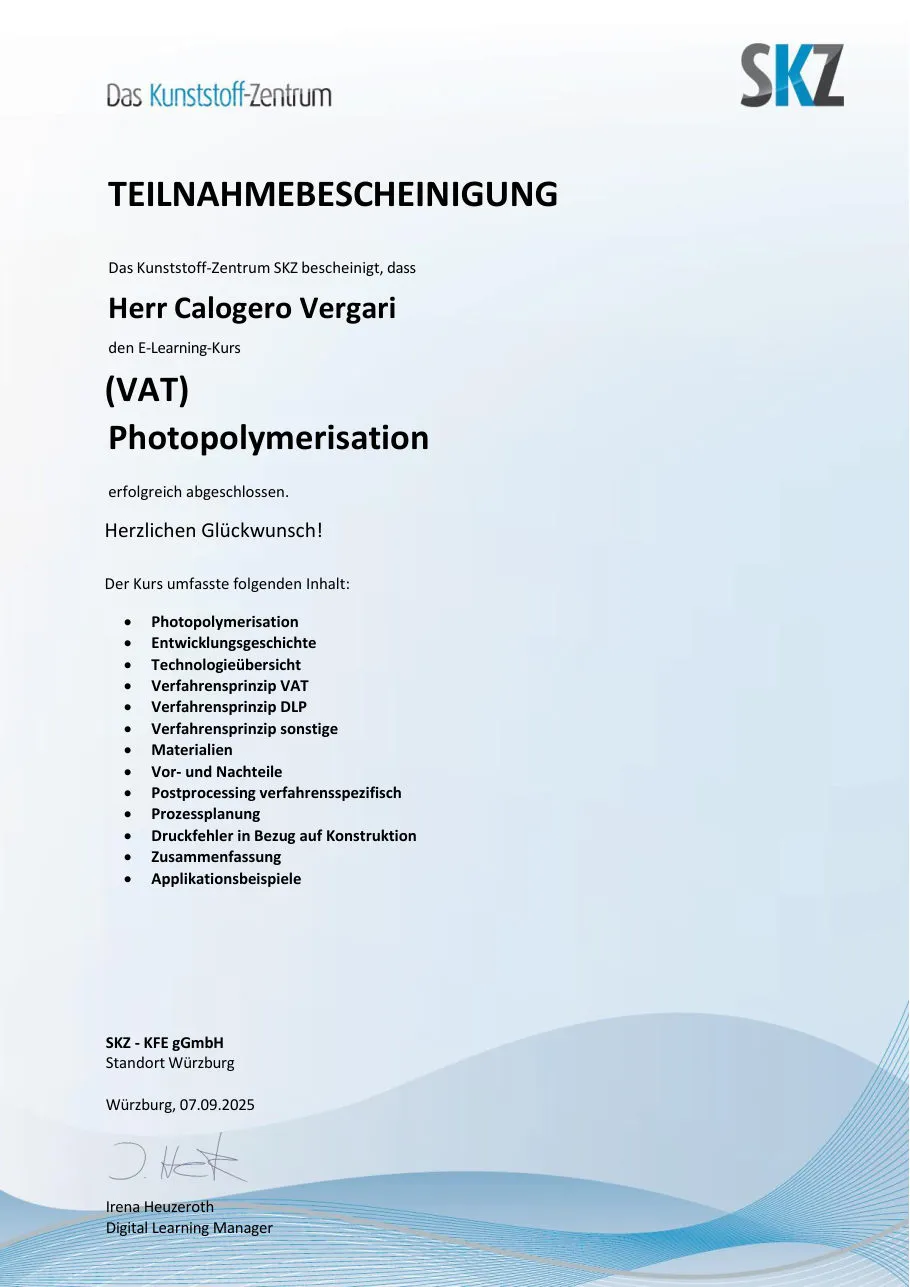 Teilnahmebescheinigung des SKZ für den Kurs Photopolymerisation