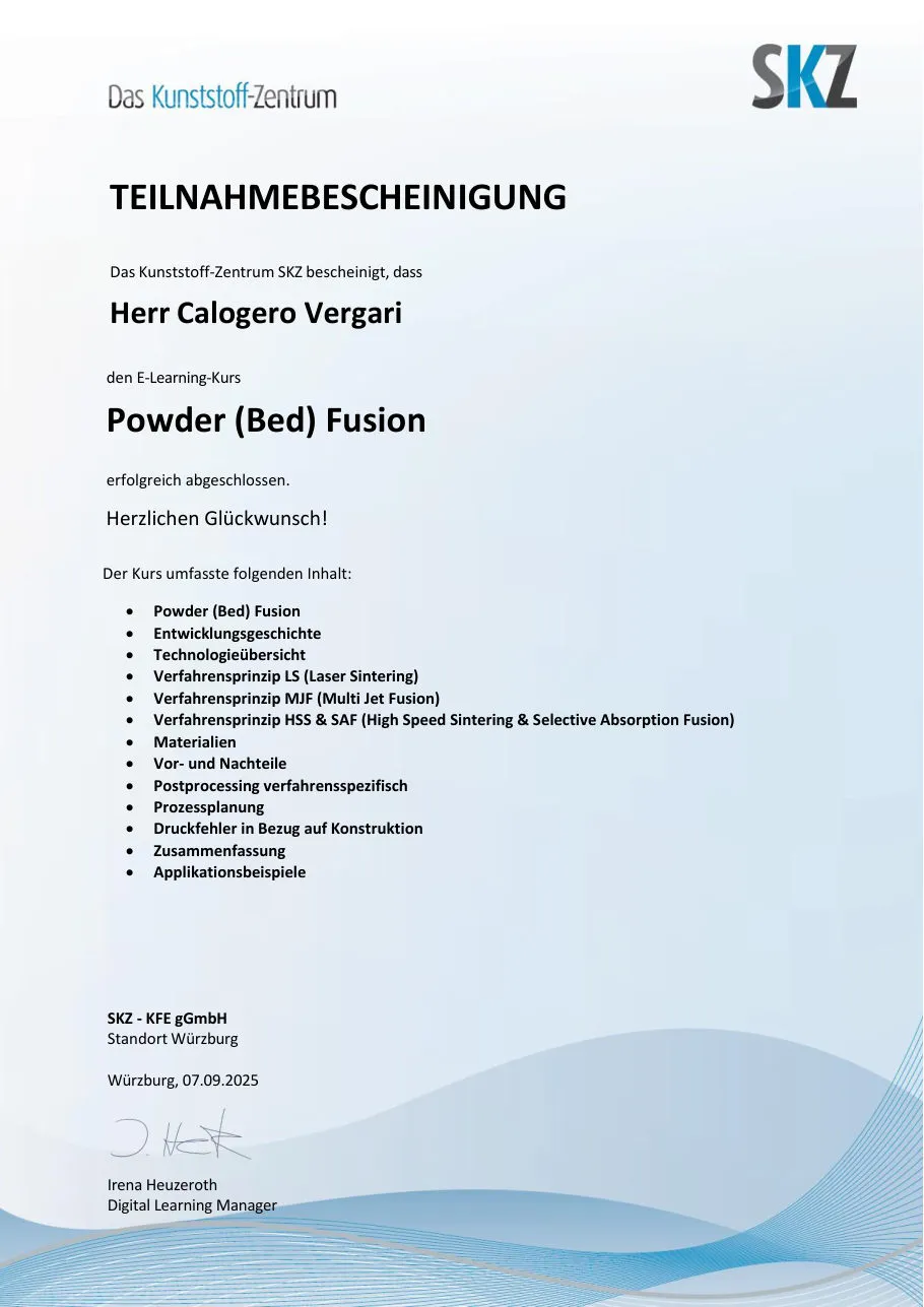 Teilnahmebescheinigung des SKZ für den Kurs Powder Bed Fusion