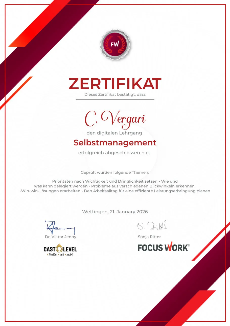 Zertifikat von FocusWork für den Lehrgang Selbstmanagement
